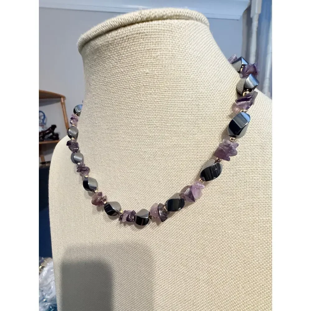 Vintage Genuine Amethyst & Hematite Beaded Necklace 18”